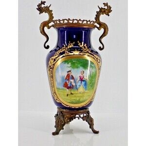 French Sevres Signed Porcelain Cobalt Blue Gilded Vase Bronze Dragon Handles 19C